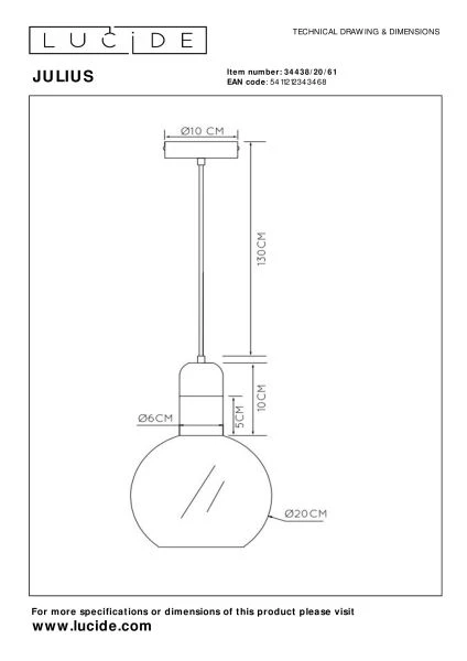 Lucide JULIUS - Pendant light - Ø 20 cm - 1xE27 - Opal - technical